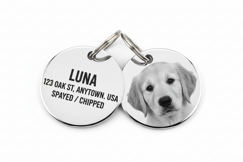 A custom laser-engraved round stainless steel animal tag measures 30mm in diameter (approximately 1.18 inches)