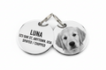 A custom laser-engraved round stainless steel animal tag measures 30mm in diameter (approximately 1.18 inches)