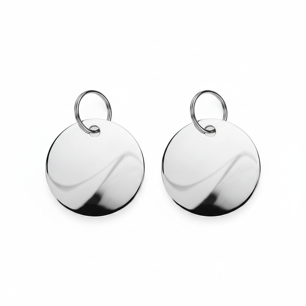Two 30mm round shiny chrome blank animal tags with small 4mm hole with split ring, pictured from directly above